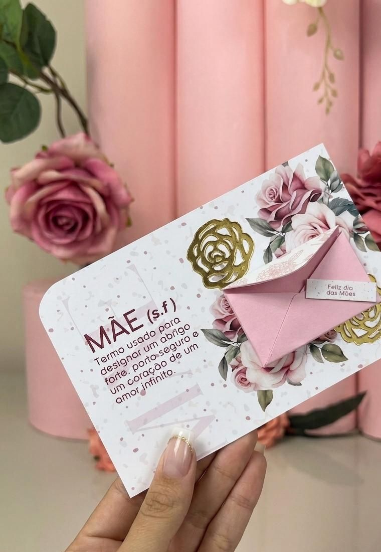 Cartão afetivo personalizado feito à mão, segurado entre flores